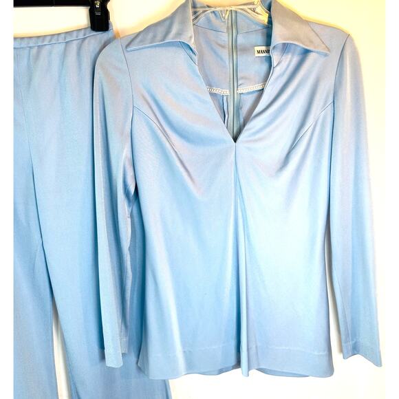 Vintage Manning Silver Light Blue Bell Bottom Pantsuit 70s Disco Set Y2K Revival - Picture 2 of 9